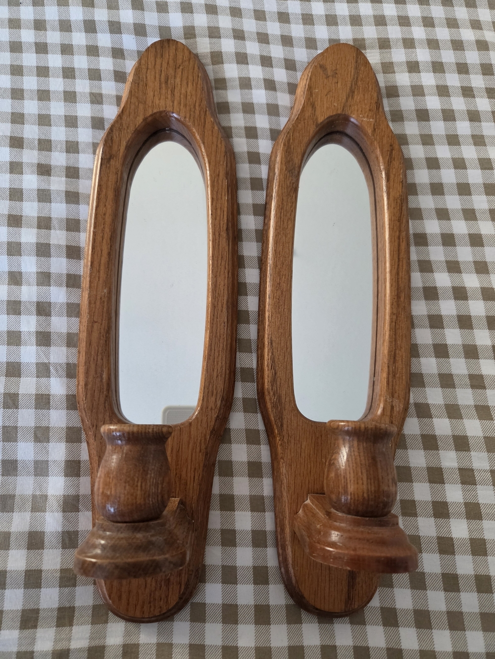 Vintage Oak Wall Sconces with Mirror, Swt Of Two